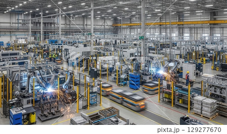 Robots weld in a factory with automated guided vehicles (AGVs). Advanced manufacturing and automation in production Robots weld in a factory with automated guided vehicles (AGVs). Advanced manufacturing and automation in production 129277670