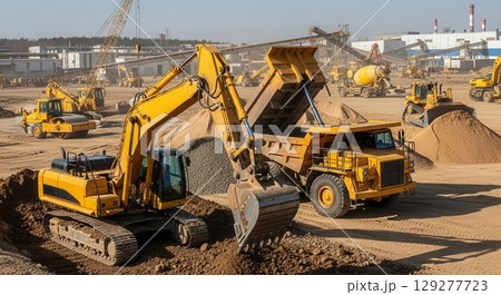 An excavator loads a dump truck at a busy construction site with other earthmoving equipment and machinery working in the background 129277723