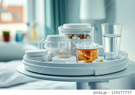 A rotating medicine organizer holds various pills and capsules, alongside a glass of water, ready for medication intake 129277737
