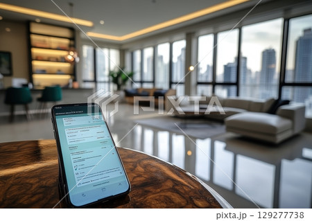 Modern apartment interior with city view, smartphone displaying an app interface on a wooden table 129277738