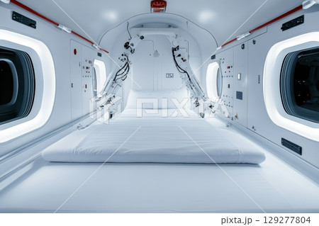 Futuristic medical capsule with robotic arms beside a pristine white bed, creating a sterile, high-tech medical environment 129277804