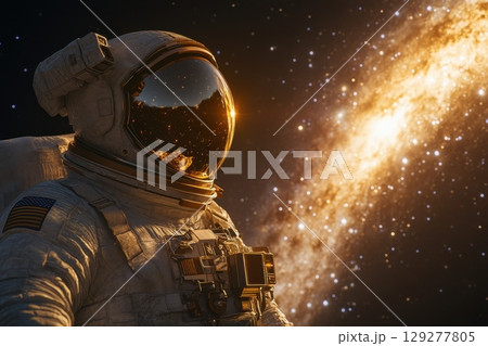 A lone astronaut in a spacesuit gazes at a vibrant, golden galaxy, a breathtaking view of cosmic wonder A lone astronaut in a spacesuit gazes at a vibrant, golden galaxy, a breathtaking view of cosmic wonder 129277805