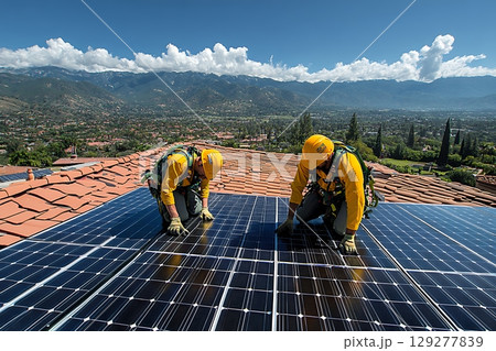 Two workers install solar panels on a residential roof, overlooking a scenic mountain valley 129277839
