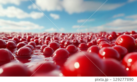 A sea of red berries floating on water under a bright blue sky, creating a vibrant and refreshing scene A sea of red berries floating on water under a bright blue sky, creating a vibrant and refreshing scene 129277890