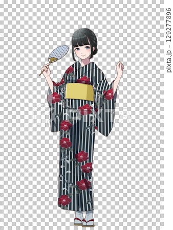 一位身穿浴衣、手持扇子的女性正在享受節日的樂趣 一位身穿浴衣、手持扇子的女性正在享受節日的樂趣 129277896