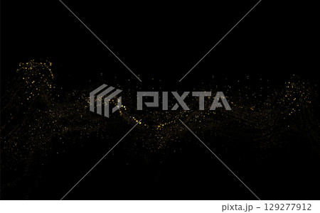 Isolated exquisite golden wavy pattern from small tinsel on black background Isolated exquisite golden wavy pattern from small tinsel on black background 129277912