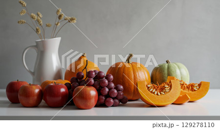 Autumn harvest still life with pumpkins, apples, and grapes. Abundance of the fall season. 129278110