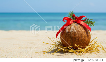 Coconut decorated with Christmas elements on a beach. Tropical Christmas and New Year celebration. 129278111