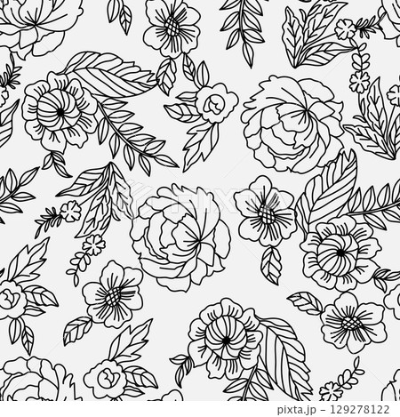 Seamless floral vector laconic black and white handmade ink drawing for fabric design, decor, ceramics, greeting cards, flower. Vector illustration Seamless floral vector laconic black and white handmade ink drawing for fabric design, decor, ceramics, greeting cards, flower. Vector illustration 129278122