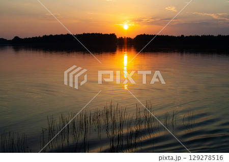 beautiful and picturesque sunset landscape on the lake 129278516