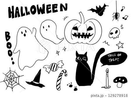 手描きで描いた白黒のハロウィンイラストセット 129278918