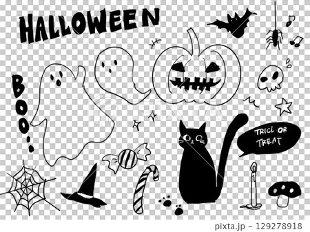 手描きで描いた白黒のハロウィンイラストセット 129278918