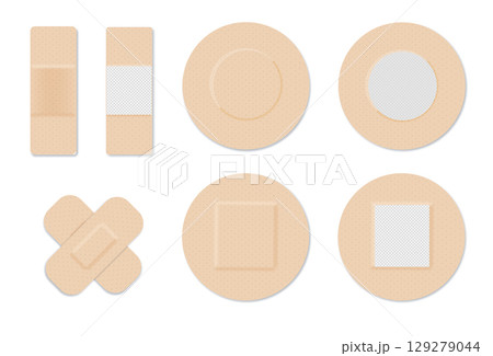 Medical plasters. Bandages set. Adhesive bandage for first aid for wounds operations and skin injuries. Protecting open wound from infection. Vector 129279044