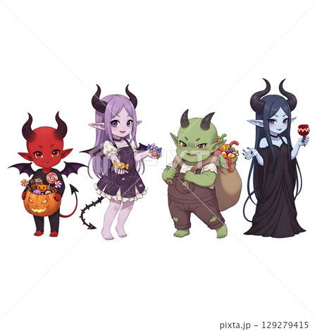 cute halloween, anime style, transparent background, PNG sticker, halloween costume, trick or treat. 129279415