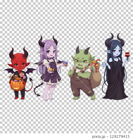 cute halloween, anime style, transparent background, PNG sticker, halloween costume, trick or treat. 129279415