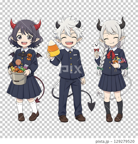 cute halloween witch girl holding pumpkin basket, anime style, transparent background, PNG sticker, halloween costume, trick or treat. 129279520