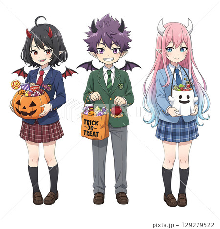 cute halloween witch girl holding pumpkin basket, anime style, transparent background, PNG sticker, halloween costume, trick or treat. 129279522