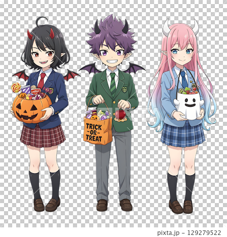 cute halloween witch girl holding pumpkin basket, anime style, transparent background, PNG sticker, halloween costume, trick or treat. 129279522