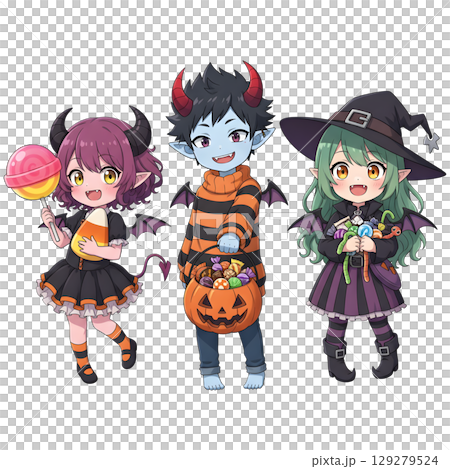 cute halloween witch girl holding pumpkin basket, anime style, transparent background, PNG sticker, halloween costume, trick or treat. 129279524