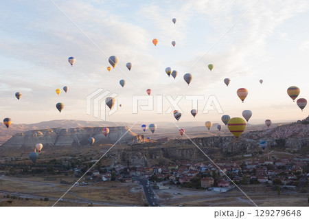 beautiful scenery flight of balloons in the mountains of Cappadocia in love valley 129279648