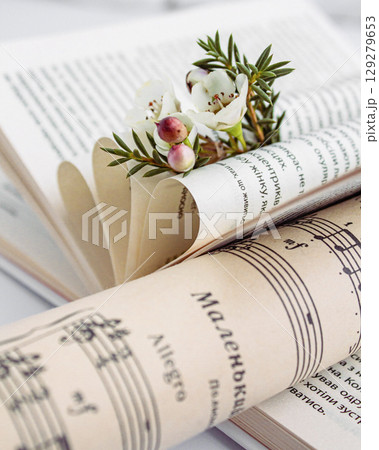 a beautiful composition of a bouquet of flowers and books a beautiful composition of a bouquet of flowers and books 129279653