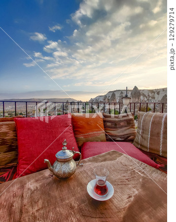traditional turkish black tea on table with teapot traditional turkish black tea on table with teapot 129279714