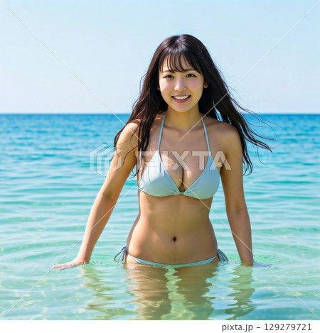 海に入っているビキニの若い女性 129279721