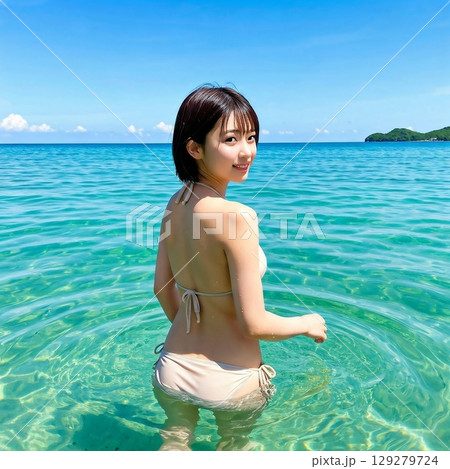 海に入っているビキニの若い女性 129279724