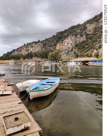 beautiful  boats are moored near Dalyan Kaunos Kaya 129279929