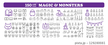 Magic and monster line icon set for Halloween. 150 Minimal outline elements on transparent background Magic and monster line icon set for Halloween. 150 Minimal outline elements on transparent background 129280081