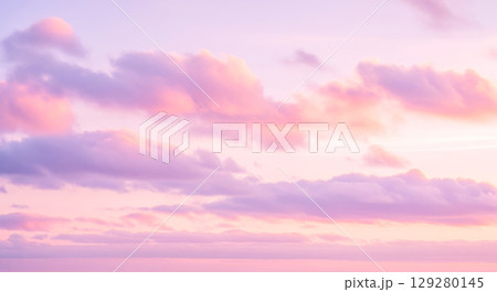 Abstract background of gentle pastel sky with pink and lavender clouds, beautiful soft cloudscape for calm meditation wallpaper or dreamy romantic design concept 129280145