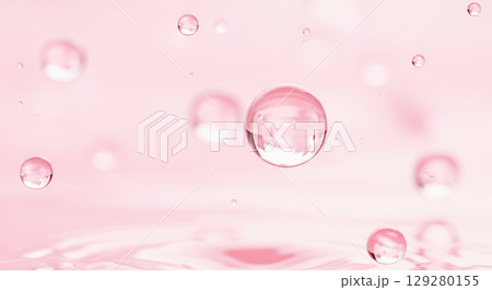 Cosmetic science background with pink liquid bubbles for skincare advertising, abstract 3d render of hyaluronic acid spheres for moisturizing product and hydration concept Cosmetic science background with pink liquid bubbles for skincare advertising, abstract 3d render of hyaluronic acid spheres for moisturizing product and hydration concept 129280155