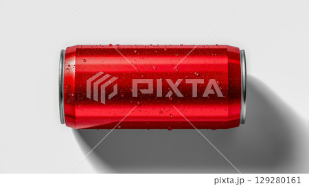 Red aluminum can lying on white background, top down view of beverage container with water drops, blank soda or beer packaging mockup Red aluminum can lying on white background, top down view of beverage container with water drops, blank soda or beer packaging mockup 129280161