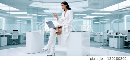 Fashionable businesswoman in futuristic white office with laptop, confident female leader sitting on desk in minimalist interior, future of technology and business concept 129280202