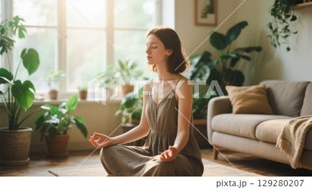 Young woman meditating in lotus position on floor in living room, mindfulness practice concept for stress relief and mental health wellness Young woman meditating in lotus position on floor in living room, mindfulness practice concept for stress relief and mental health wellness 129280207