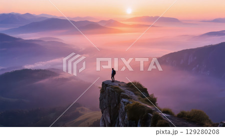 Hiker silhouette standing on mountain top watching epic sunrise over misty valley, successful man on cliff edge enjoying beautiful morning view, travel adventure concept Hiker silhouette standing on mountain top watching epic sunrise over misty valley, successful man on cliff edge enjoying beautiful morning view, travel adventure concept 129280208