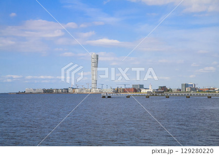 beautiful landscape of the Turning Torso skyscraper in Malmo, Sweden 129280220