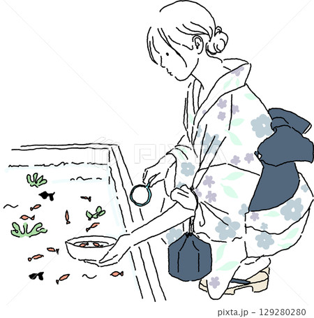 金魚すくいを楽しむ浴衣の女性（横姿） 129280280