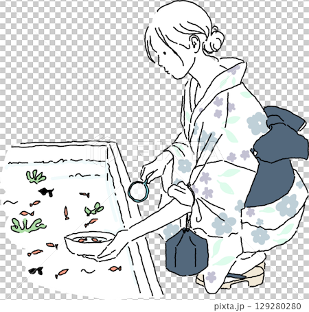 身穿浴衣的女子正在享受撈金魚的樂趣（側面） 129280280
