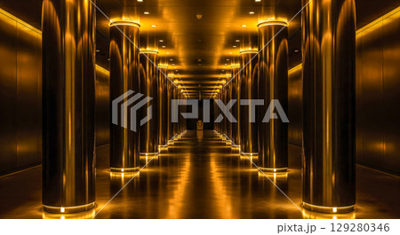 Luxury abstract background with golden repeating shapes and dramatic light, futuristic concept with symmetrical glowing lines for success, power and wealth theme design 129280346