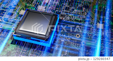 Powerful computer chip on electronic motherboard, blue light, modern circuit board technology, advanced data processing, industrial digital hardware 3d illustration 129280347