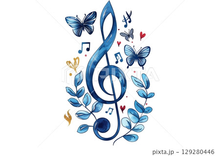 Blue treble clef with butterflies and musical notes embracing nature's harmony 129280446