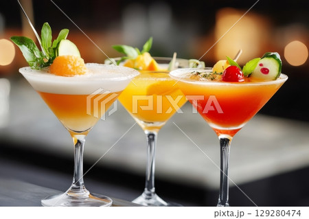 Vibrant cocktails with fresh fruit garnishes displayed elegantly Vibrant cocktails with fresh fruit garnishes displayed elegantly 129280474