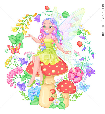 Beautiful fairy with wings sitting on a mushroom surrounded by flowers. Cartoon vector illustration. 129280546