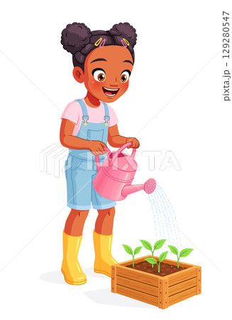 Cute happy young African American girl in overalls watering seedlings. Cartoon vector illustration. 129280547