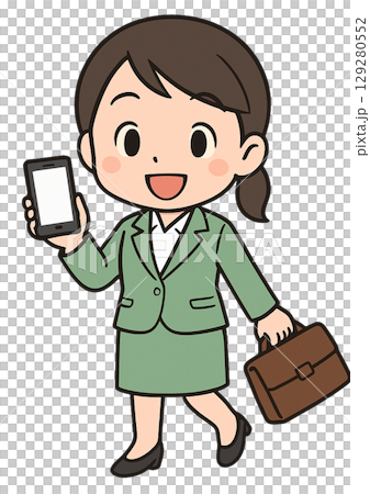 笑顔でスマートフォンとバッグを持っているスーツ姿のビジネスウーマン 129280552