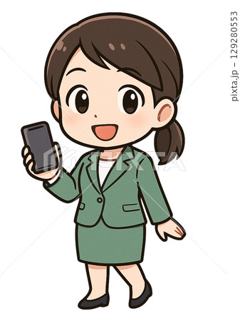 笑顔でスマートフォンを片手に持っているスーツ姿のビジネスウーマン 129280553