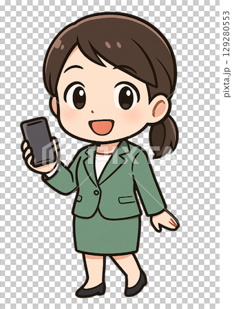 笑顔でスマートフォンを片手に持っているスーツ姿のビジネスウーマン 129280553