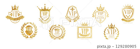 Luxury Vip Club Golden Logo and Label Design Vector Set 129280905