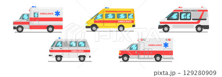 Ambulance Car and Emergency Case Rescue Vehicle Vector Set 129280909